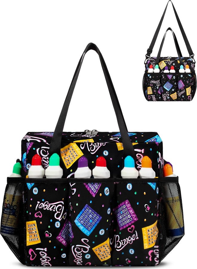 FOKDUVB Bingo Bag with Pockets for Daubers Dabbers Dobbers Dotters Casino Bingo Game Accessories for Adults Seniors Black - Image 1